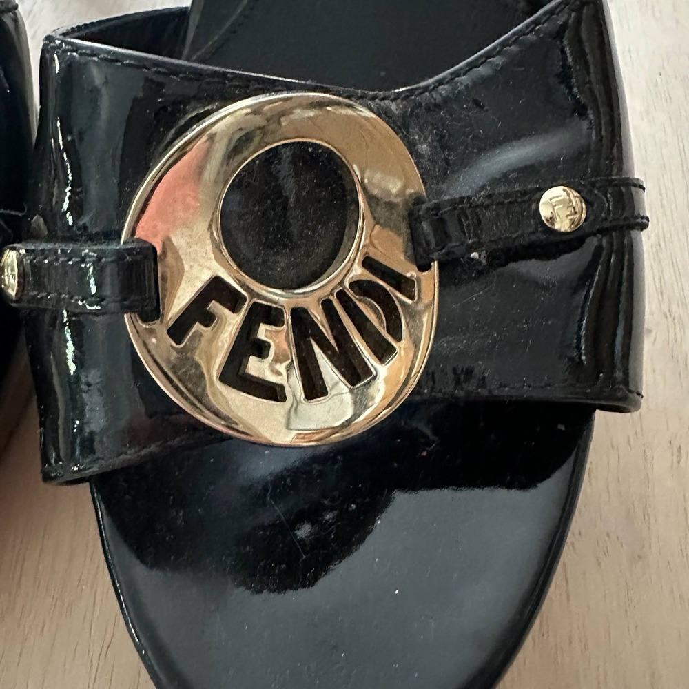 Fendi Mules Heeled Slide Womens 39 Black Patent Leather Wood Gold Logo Vintage - Picture 2 of 6